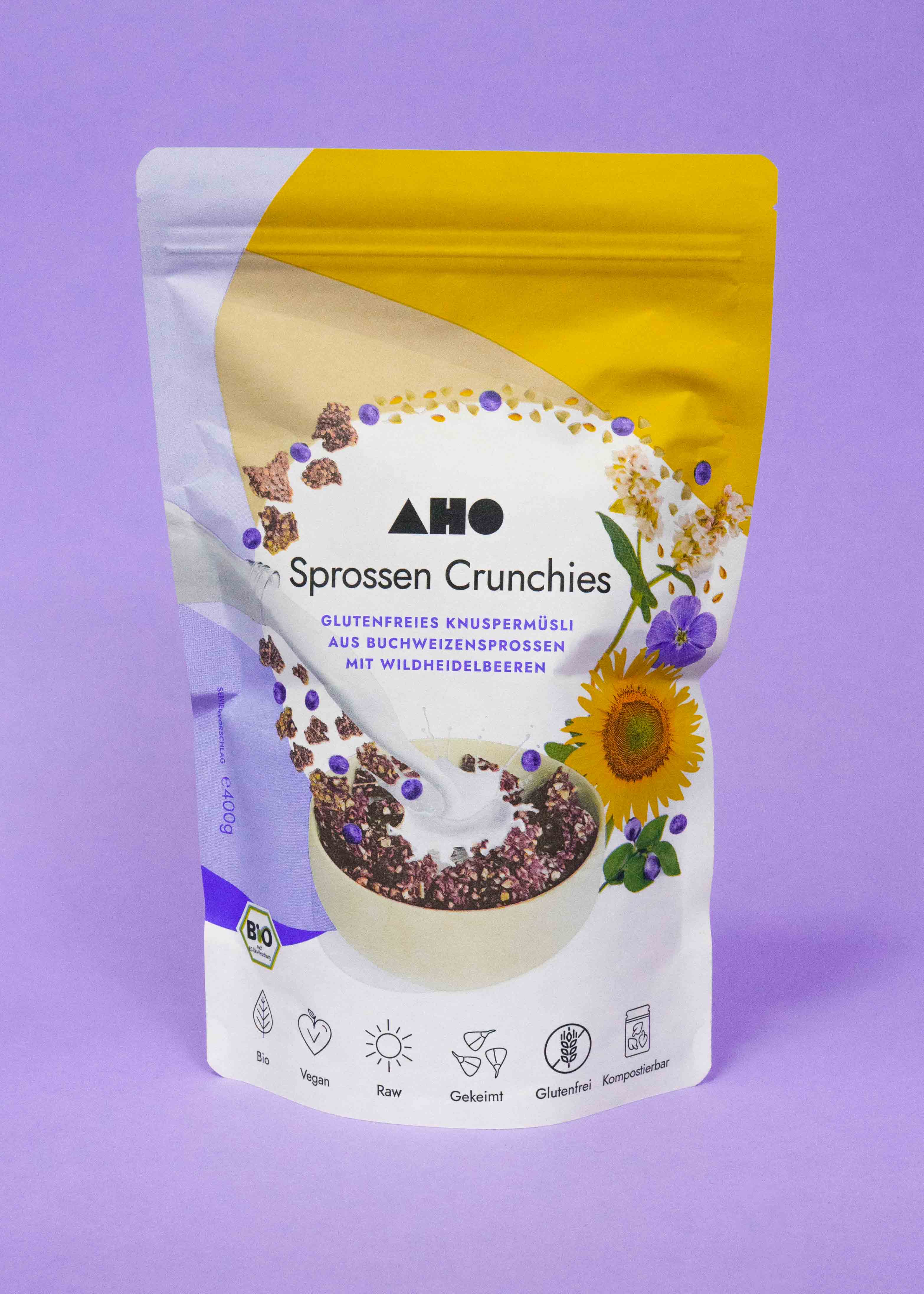 AHO Sprossen Crunchies Raw Vegan Granola AHO.BIO GmbH 400g Tüte