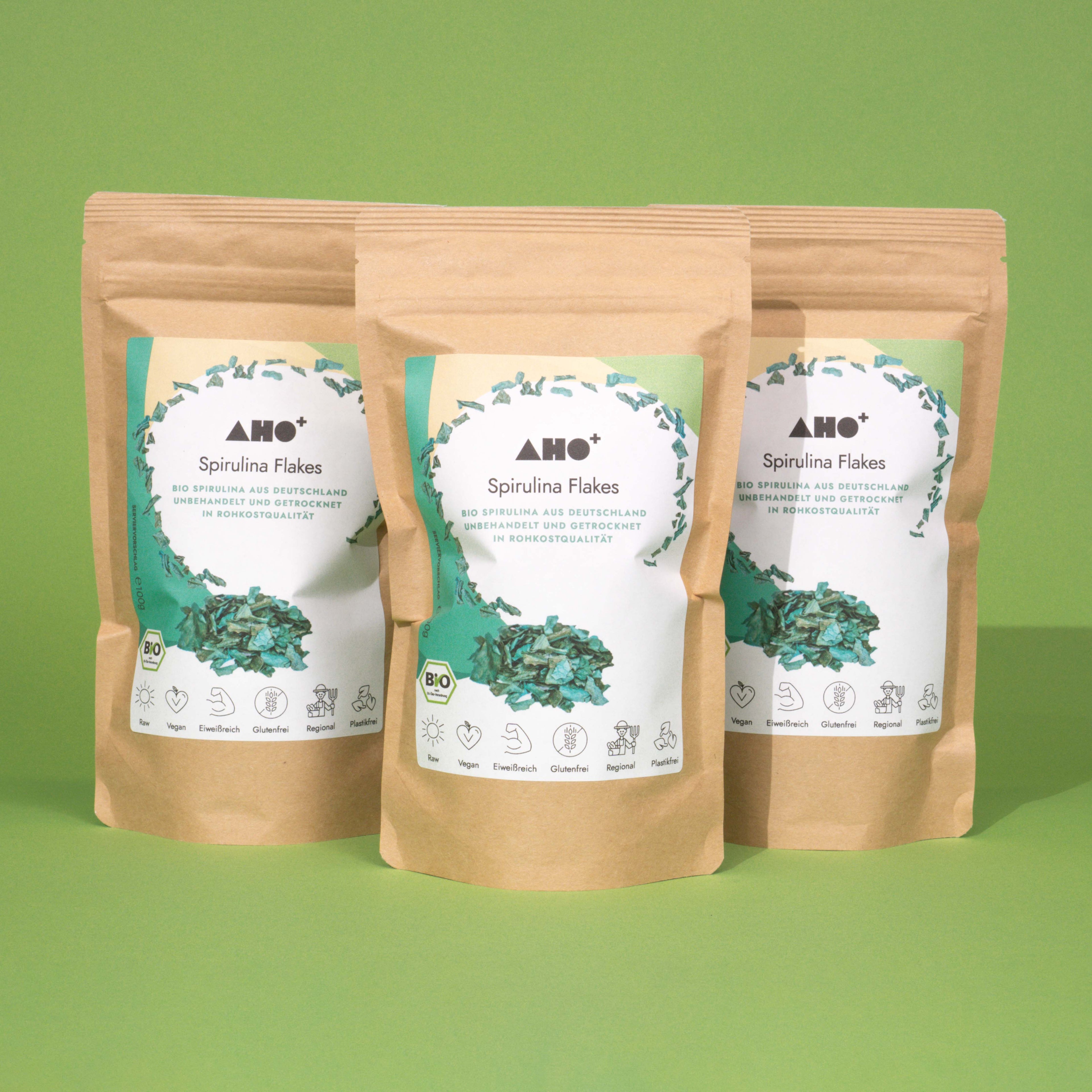 AHO Spirulina Flakes Raw Vegan Granola AHO.BIO GmbH 300g (3 Tüten)