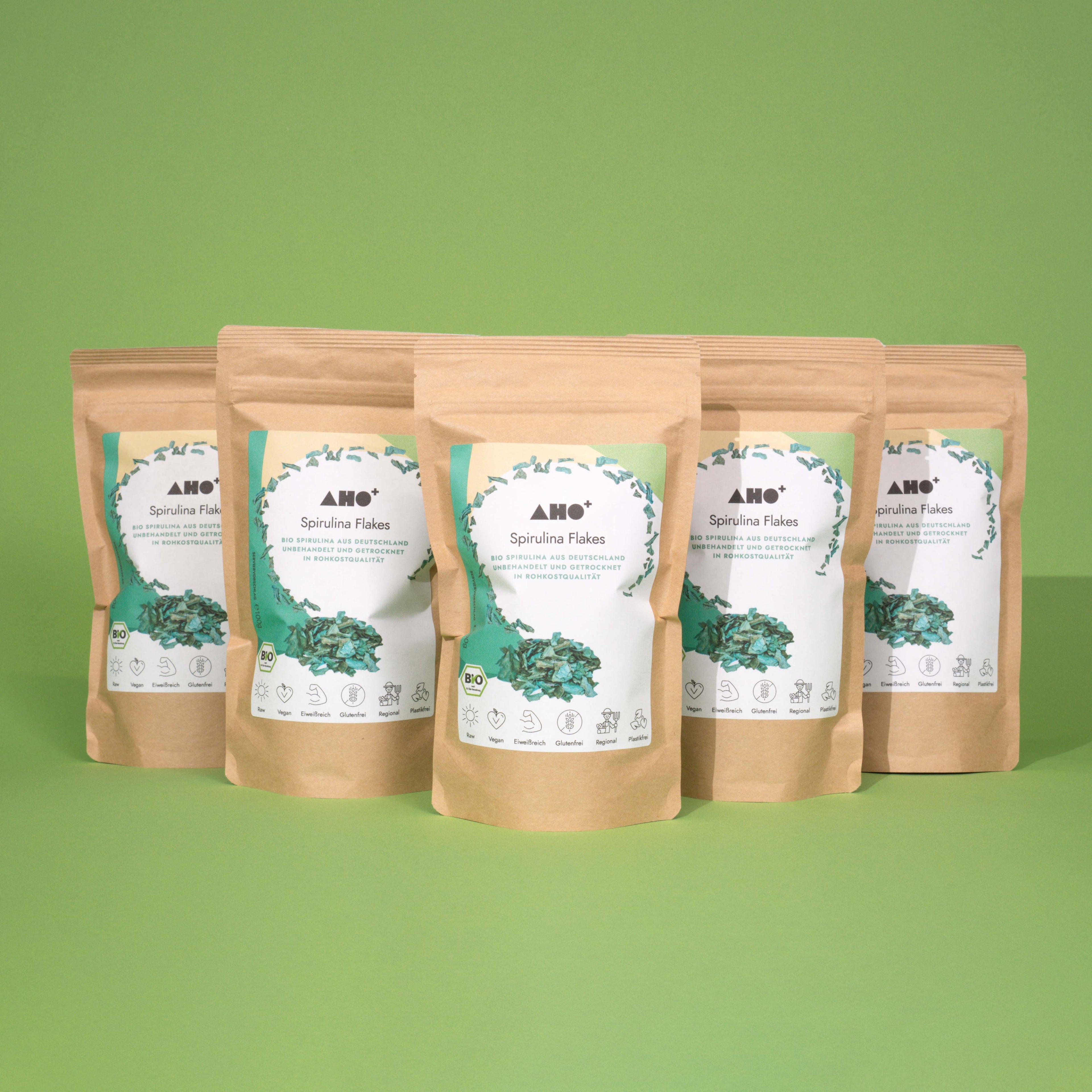 AHO Spirulina Flakes Raw Vegan Granola AHO.BIO GmbH 500g (5 Tüten)