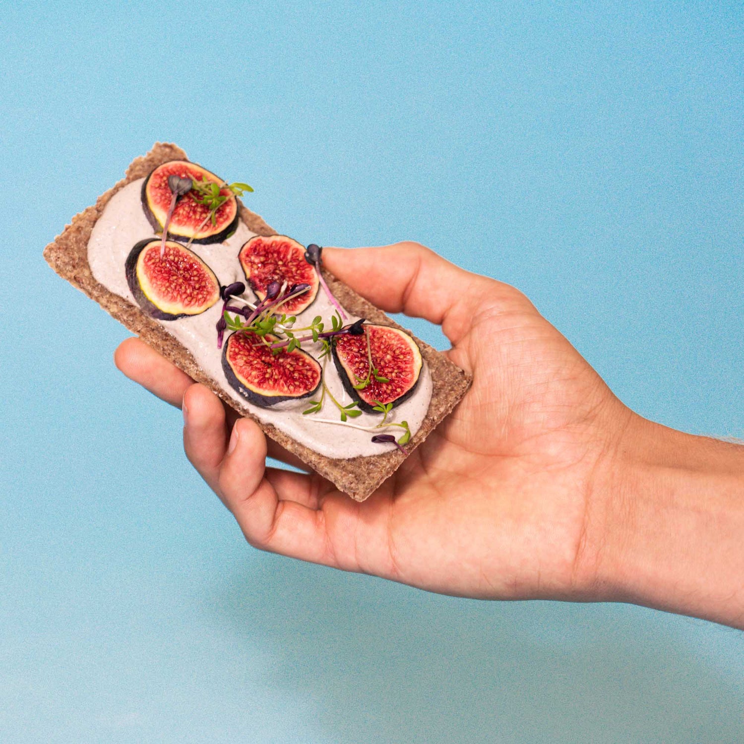 Eine Hand hält ein Essener Rohkostbrot mit Feigen und Kresse
