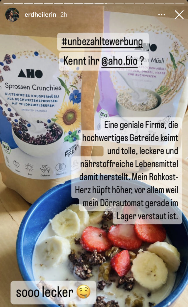 UGC AHO Sprossen Müsli Verpackung Bowl Crunchies Banane Erdbeere