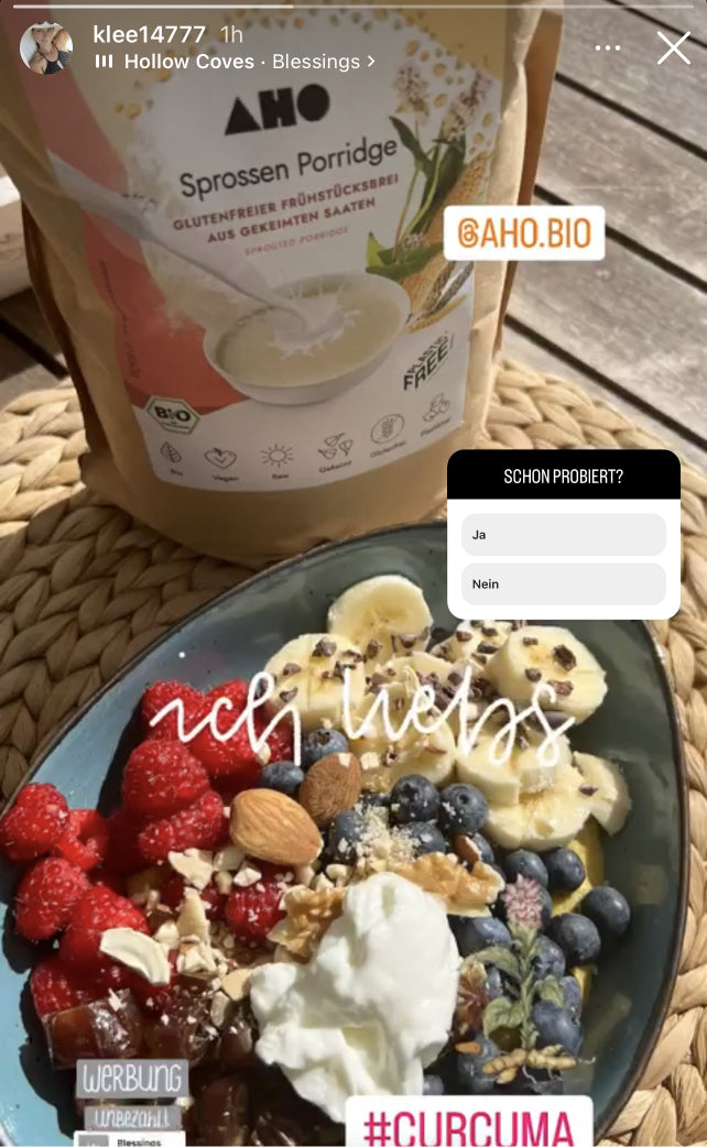 UGC AHO Sprossen Porridge Bowl Verpackung Obst Mandeln