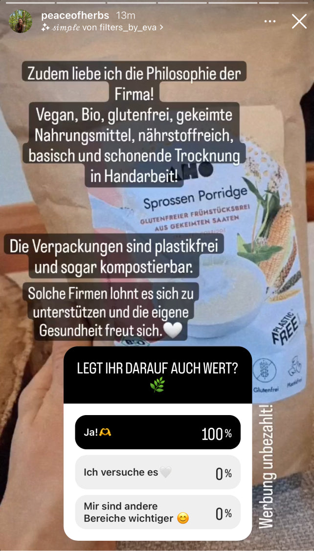 UGC AHO Sprossen Porridge Verpackung viel Text