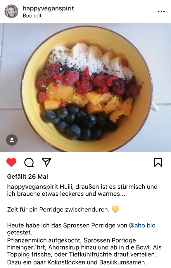 UGC AHO Sprossen Porridge bowl Obst 'happyveganspirit'