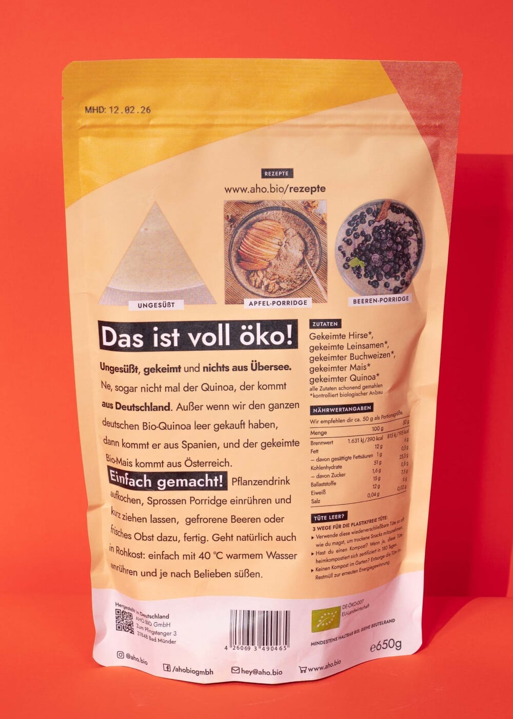 AHO Sprossen Porridge Raw Vegan Granola AHO.BIO GmbH