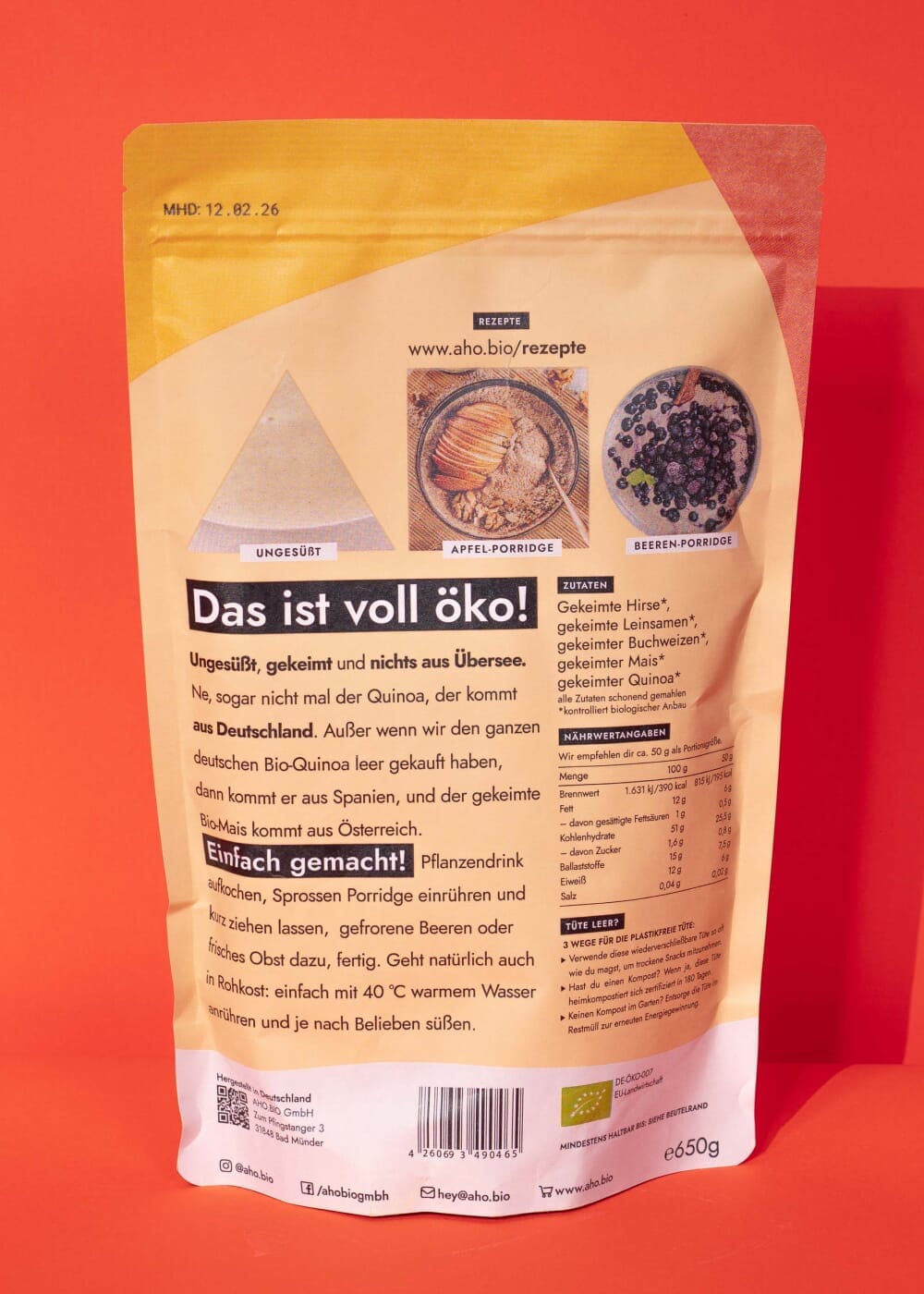AHO Sprossen Porridge Raw Vegan Granola AHO.BIO GmbH