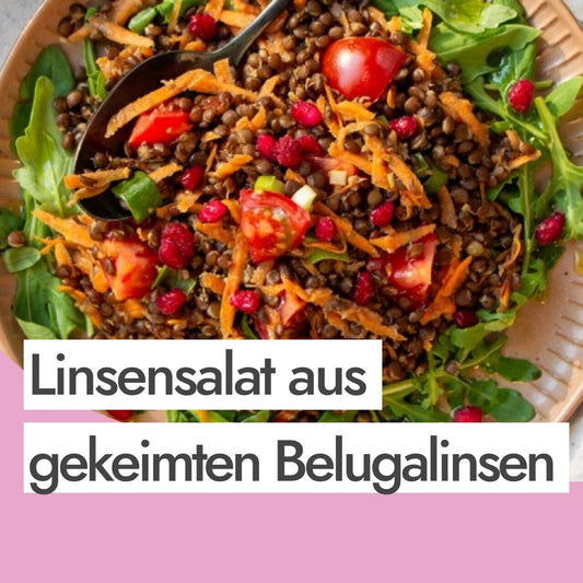 Proteinreicher Linsensalat aus gekeimten Belugalinsen - einfaches und veganes Rezept