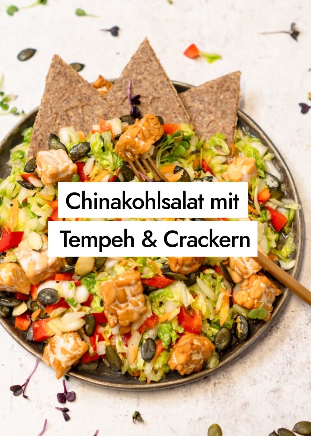 Einfacher Chinakohl Salat mit Tempeh und Sprossen Crackern