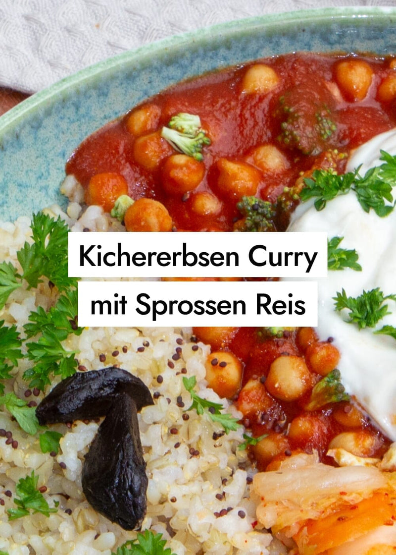 Veganes Kichererbsen Curry mit Gemüse und Sprossen Reis (Chana Masala)