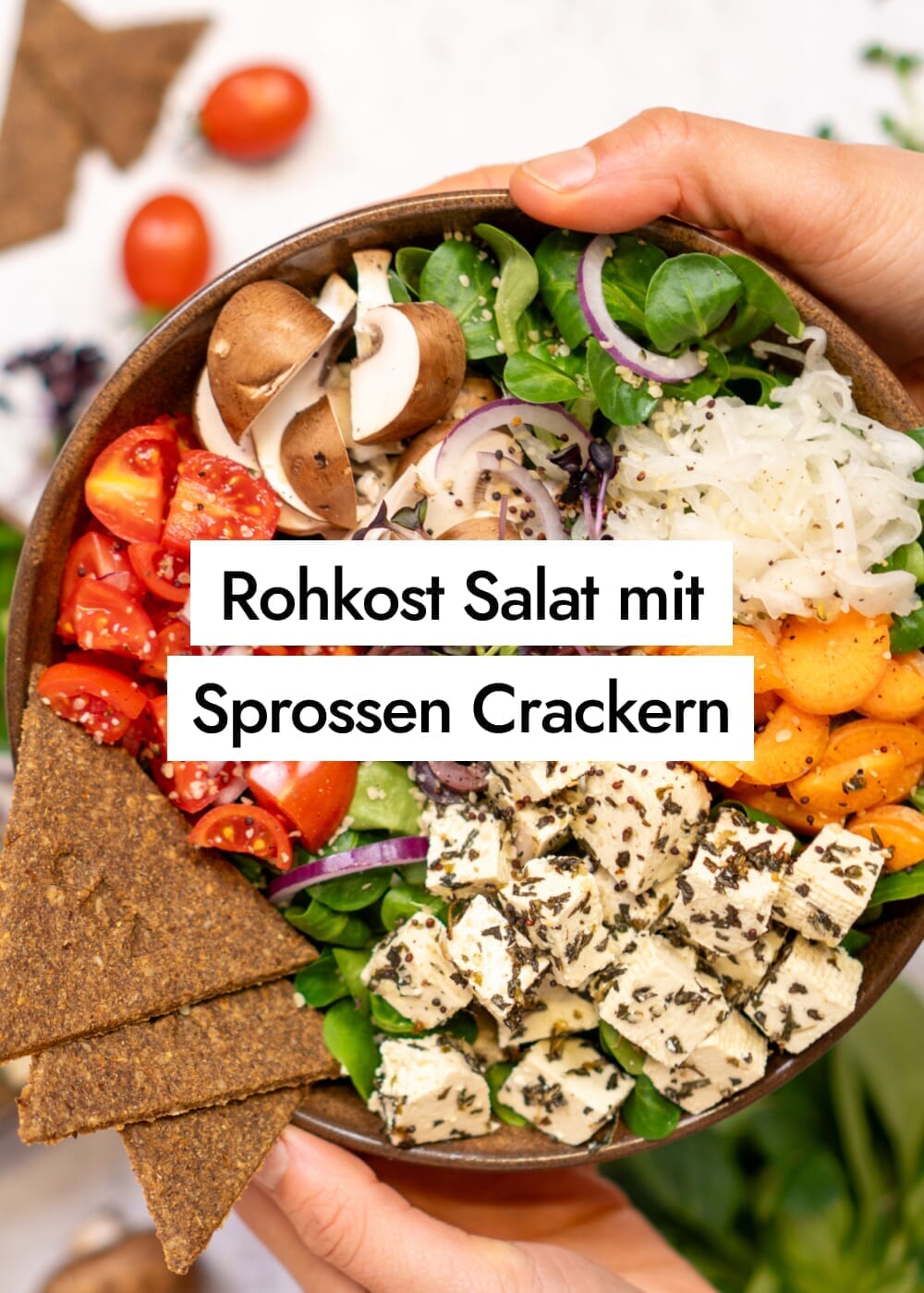 Vegane Salatbowl mit fermentiertem Tofu, Sauerkraut und Sprossen Crackern