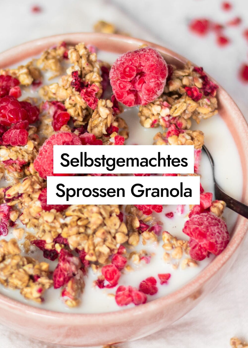 Selbstgemachtes Granola mit Himbeeren, gekeimten Haferflocken und Buchweizen