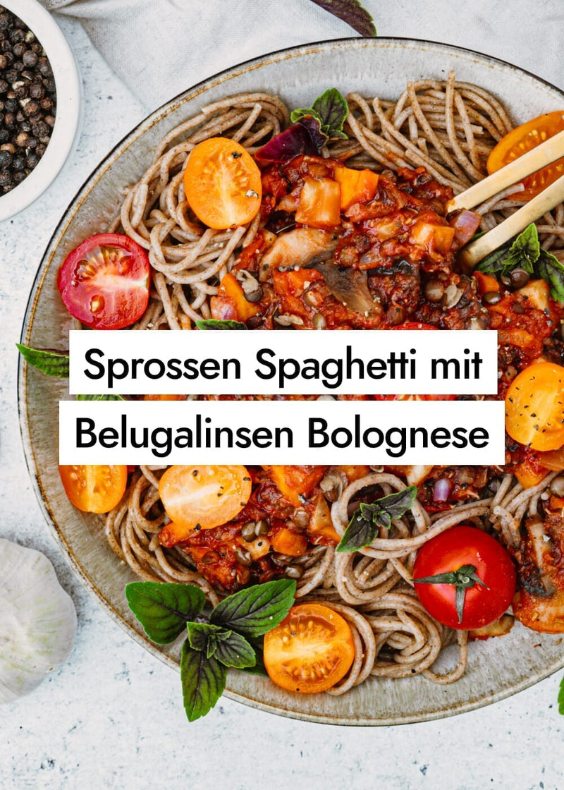 Sprossen Spaghetti mit Linsen Bolognese aus gekeimten Belugalinsen