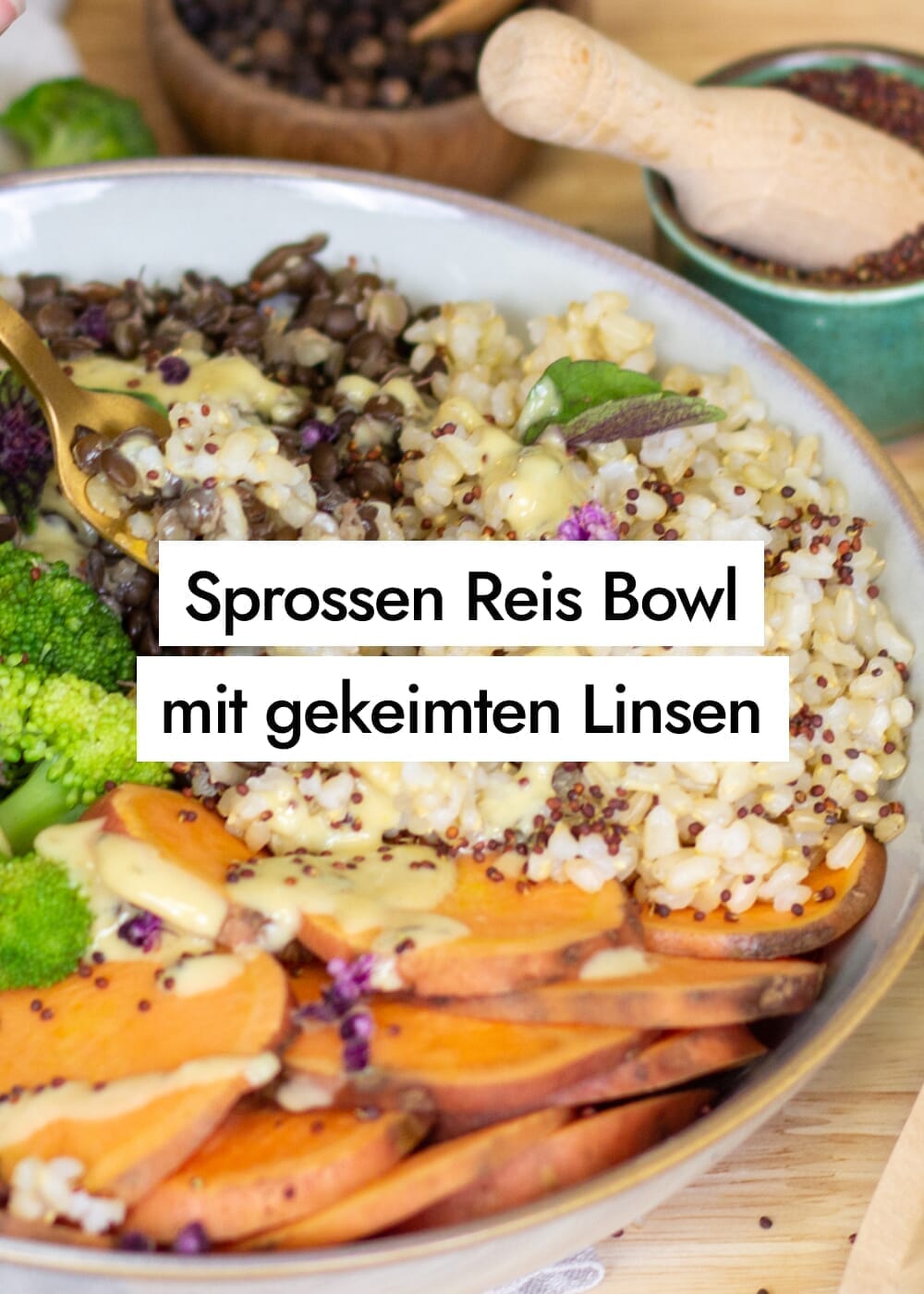 Vegane Linsen Bowl mit Sprossen Reis, Brokkoli, Belugalinsen, Süßkartoffeln und Mandelmus-Dressing