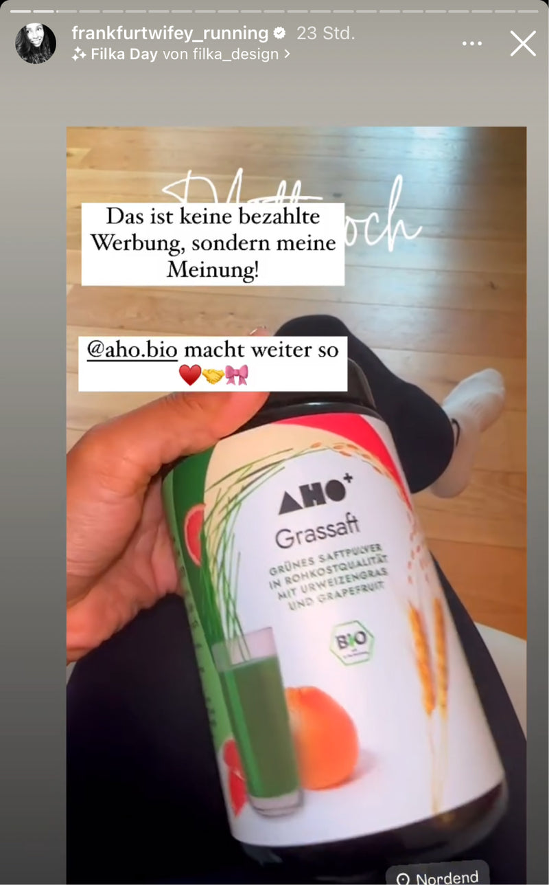 AHO bio Grassaft in der Instastory