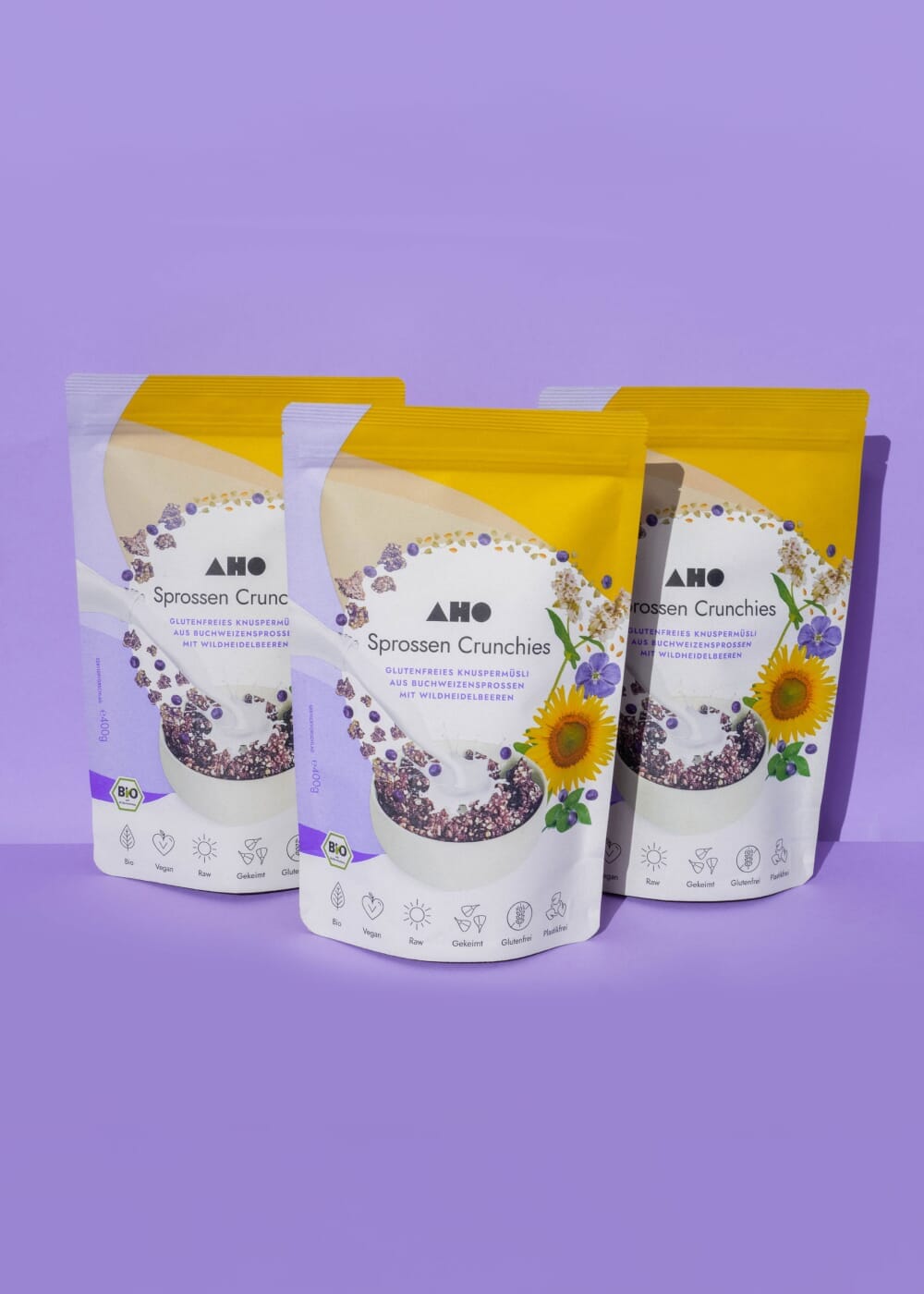 AHO Sprossen Crunchies Raw Vegan Granola AHO.BIO GmbH 1,2kg (3 Tüten) 